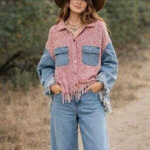 Umgee Tweed Jacket Pink/ Blue Denim Fringe Hem Cotton Hippie Festival Sz M